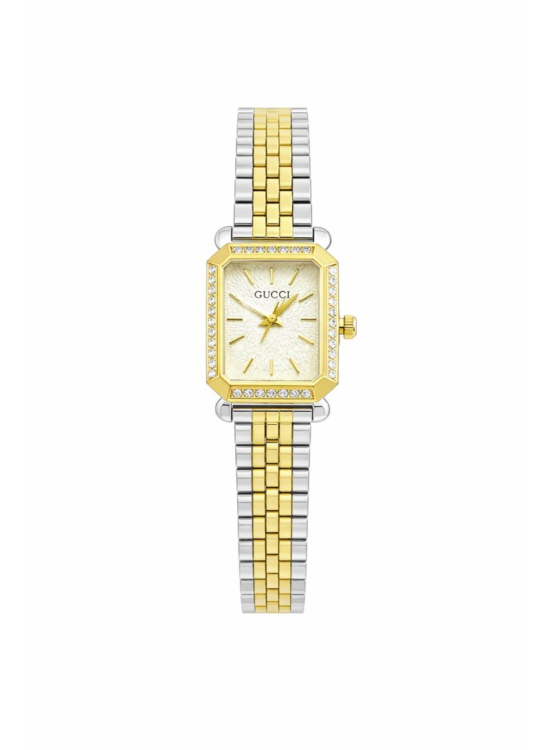 Gucci Two-Tone Rectangular Watch with Textured Dial and Crystal Bezel